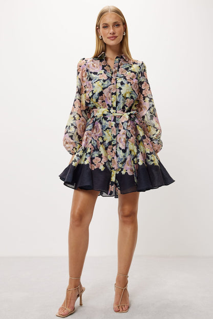 Floral Lantern Sleeve Mini Dress With Belt