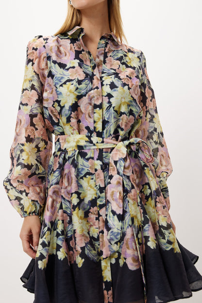 Floral Lantern Sleeve Mini Dress With Belt