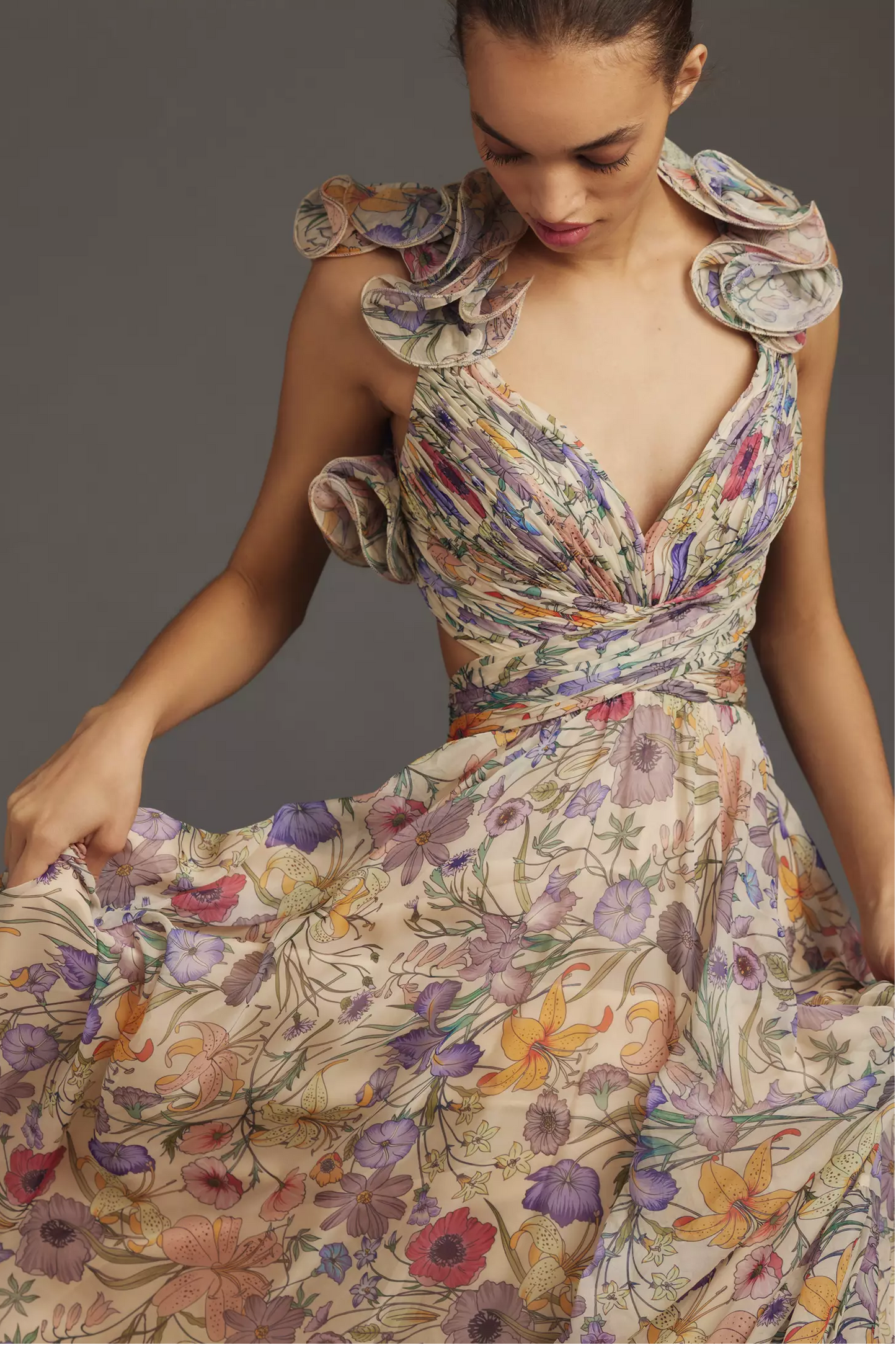 Floral Pleated Backless Lace Up Maxi Dress