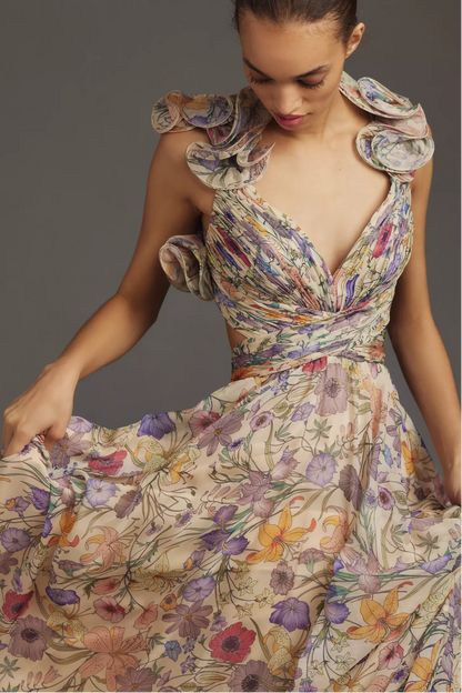 Floral Pleated Backless Lace Up Maxi Dress