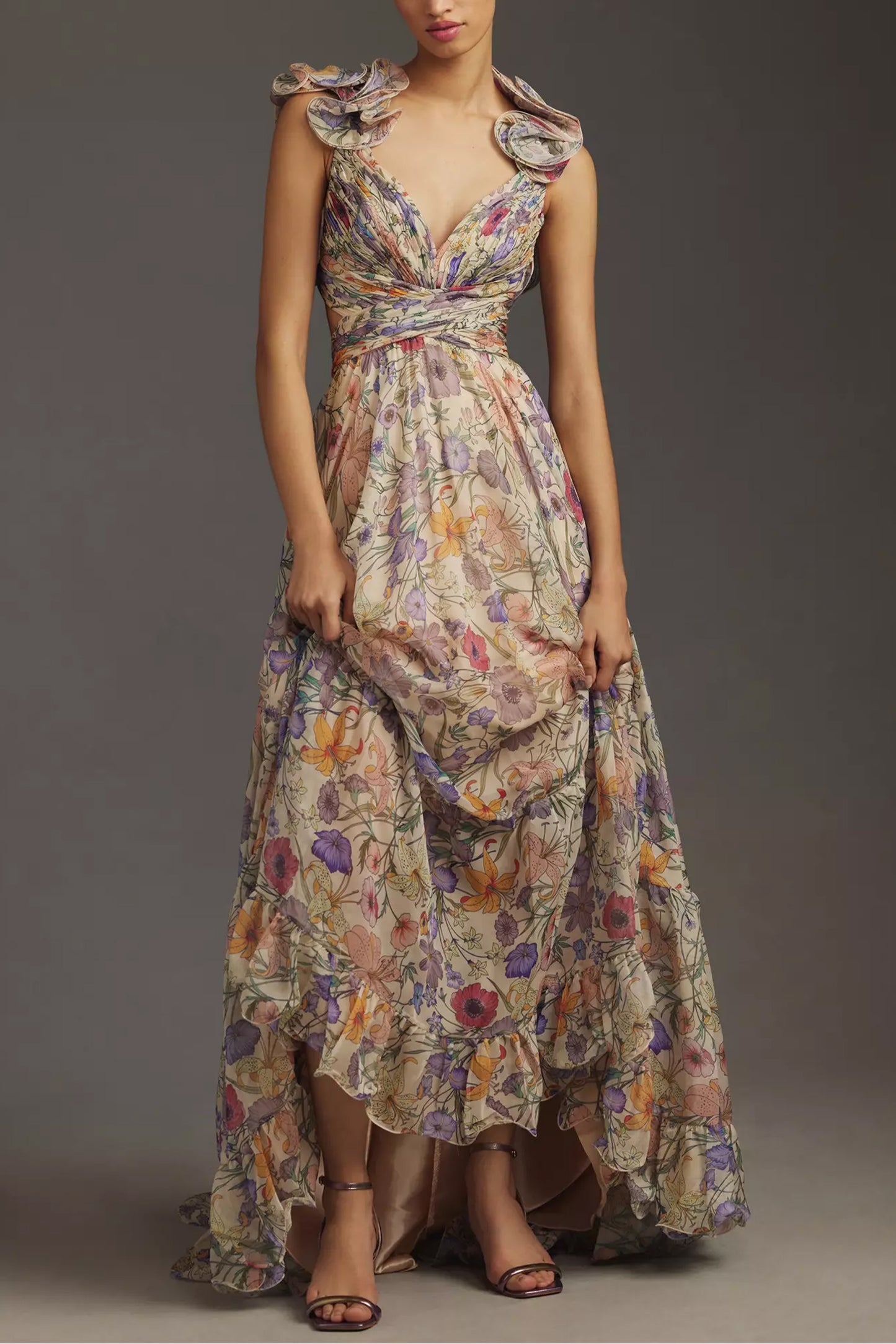 Floral Pleated Backless Lace Up Maxi Dress