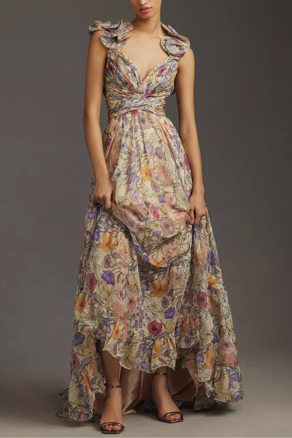 Floral Pleated Backless Lace Up Maxi Dress