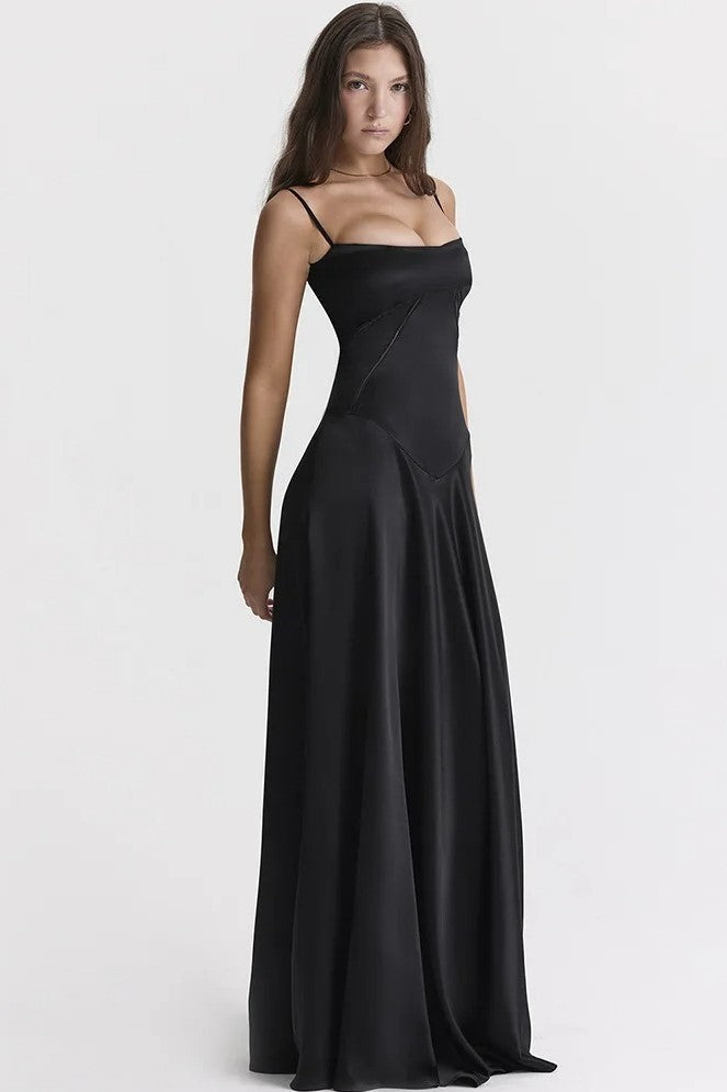 Satin Solid Lace Up Maxi Dress Black