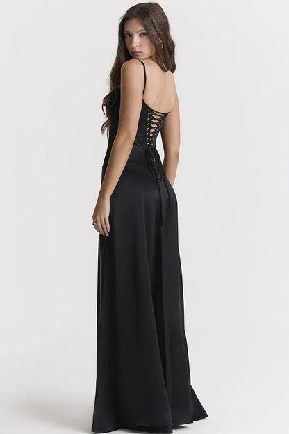 Satin Solid Lace Up Maxi Dress Black