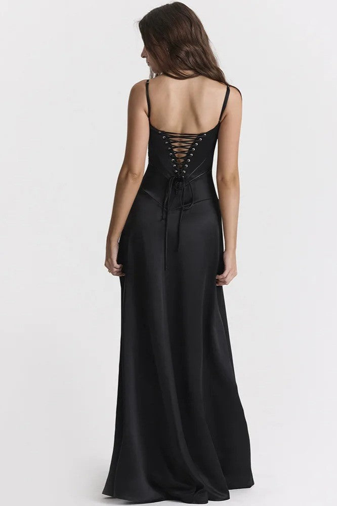 Satin Solid Lace Up Maxi Dress Black