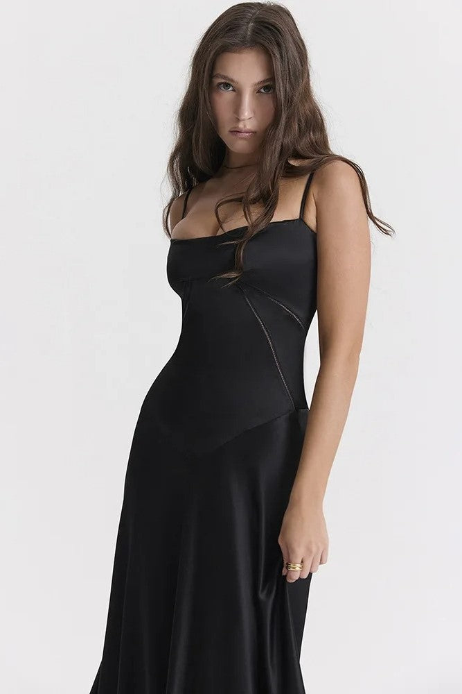 Satin Solid Lace Up Maxi Dress Black