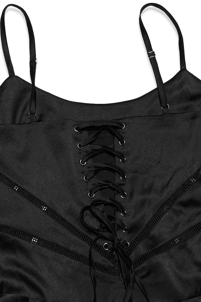 Satin Solid Lace Up Maxi Dress Black