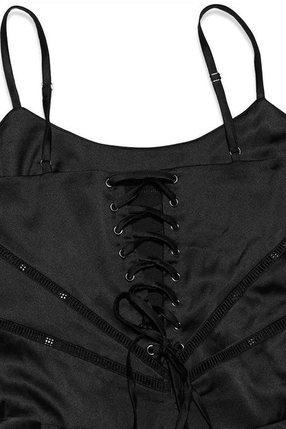 Satin Solid Lace Up Maxi Dress Black