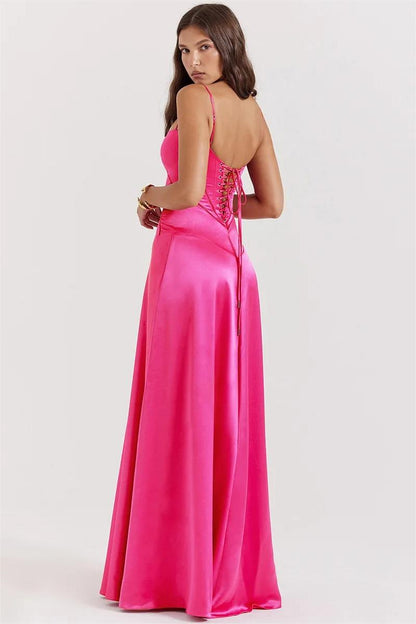 Satin Solid Lace Up Maxi Dress Fuchsia