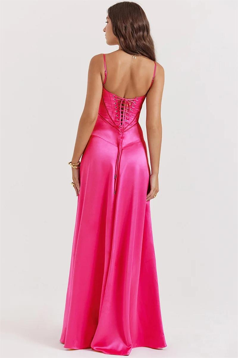 Satin Solid Lace Up Maxi Dress Fuchsia