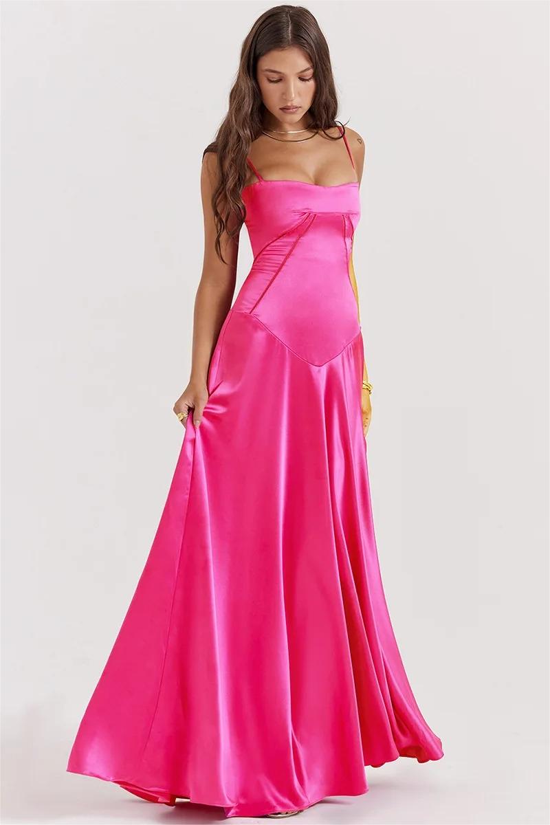 Satin Solid Lace Up Maxi Dress Fuchsia