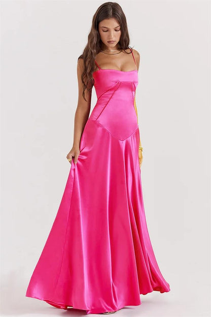 Satin Solid Lace Up Maxi Dress Fuchsia