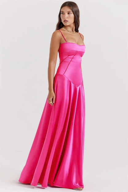 Satin Solid Lace Up Maxi Dress Fuchsia