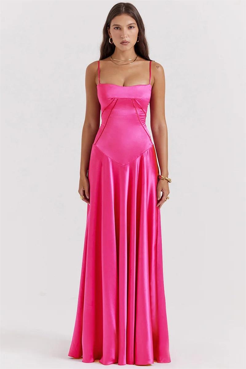 Satin Solid Lace Up Maxi Dress Fuchsia