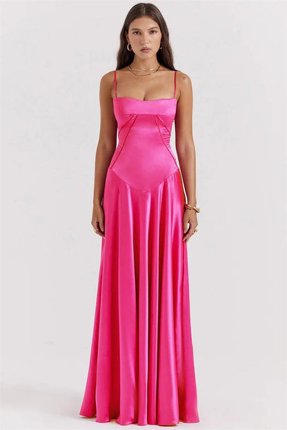 Satin Solid Lace Up Maxi Dress Fuchsia