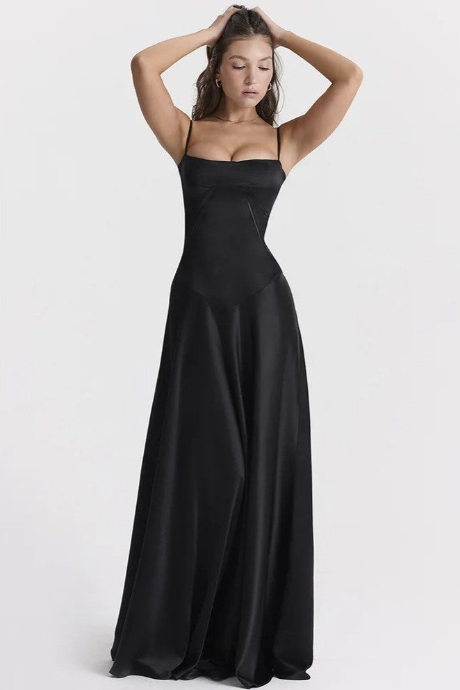 Satin Solid Lace Up Maxi Dress Black