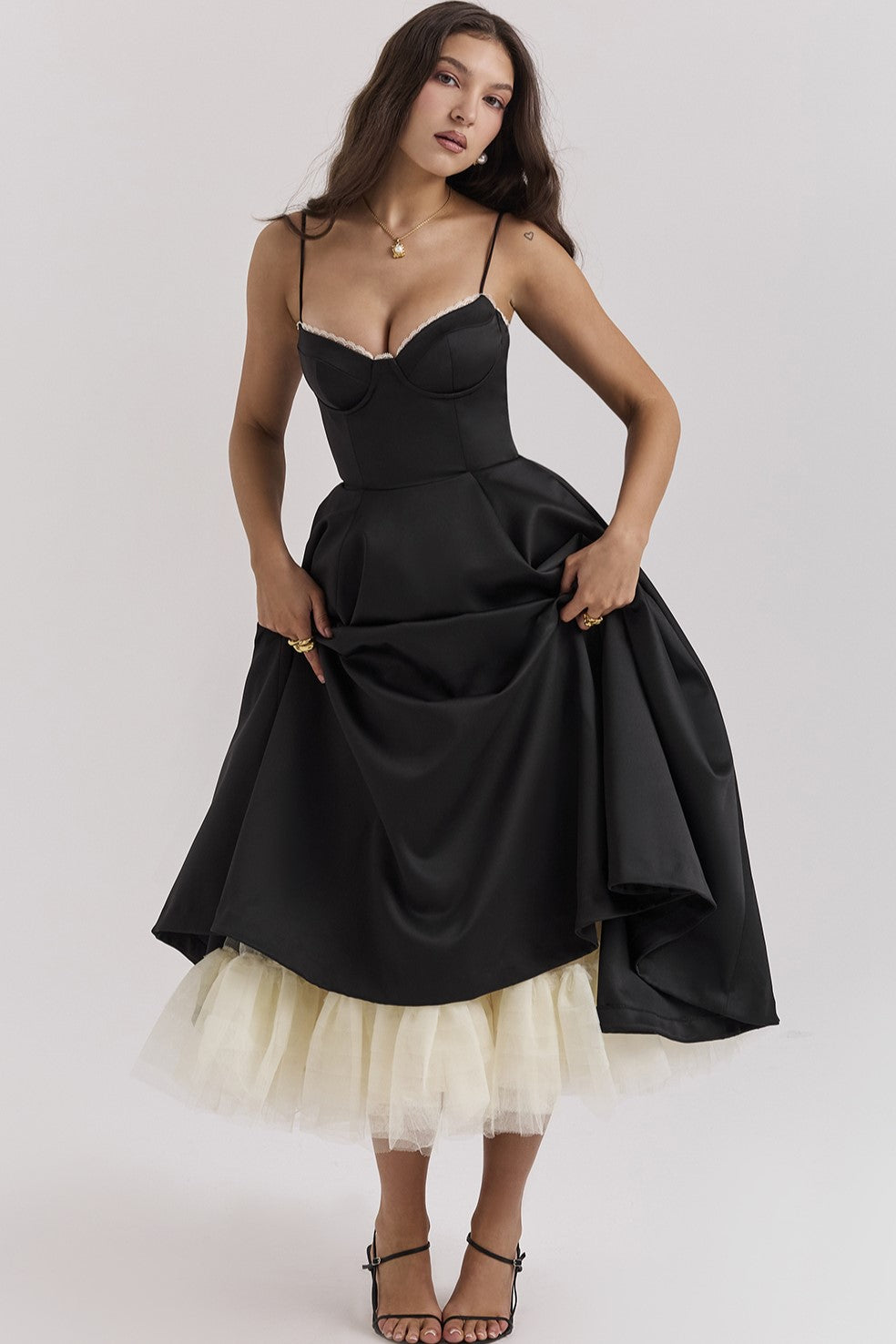 Lace Mesh Sweetheart Neck Midi Dress