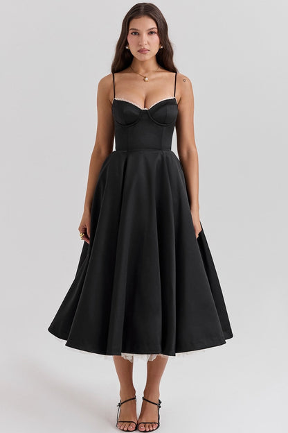 Lace Mesh Sweetheart Neck Midi Dress