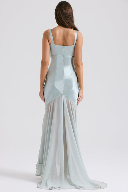 Solid Satin Mesh Sleeveless Maxi Dress