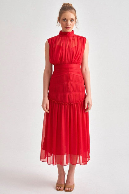 Chiffon Sleeveless Pleated Midi Dress