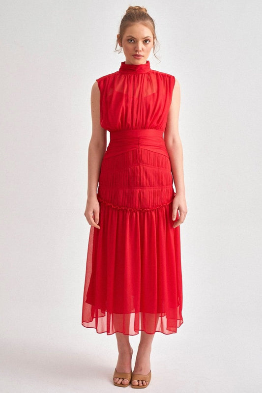 Chiffon Sleeveless Pleated Midi Dress