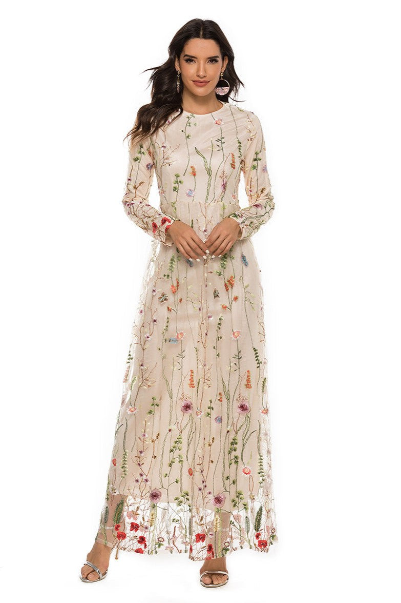 Embroidered Round Neck Long Sleeve Maxi Dress