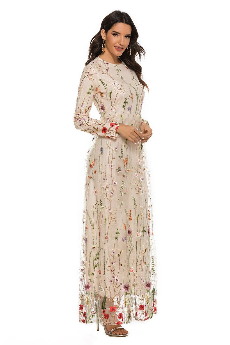 Embroidered Round Neck Long Sleeve Maxi Dress