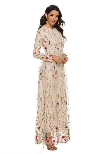 Embroidered Round Neck Long Sleeve Maxi Dress