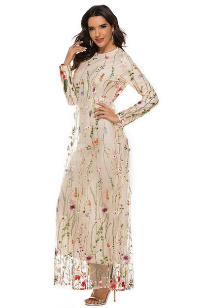 Embroidered Round Neck Long Sleeve Maxi Dress