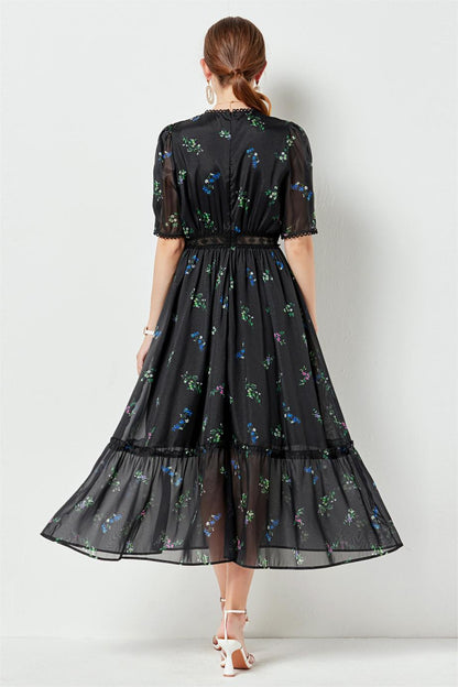 Floral Lace Puff Sleeve Midi Dress