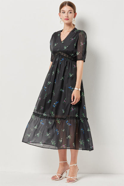 Floral Lace Puff Sleeve Midi Dress