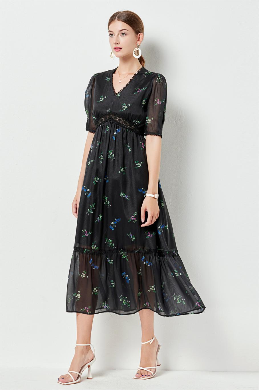 Floral Lace Puff Sleeve Midi Dress