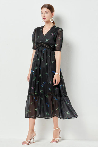 Floral Lace Puff Sleeve Midi Dress