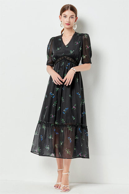 Floral Lace Puff Sleeve Midi Dress