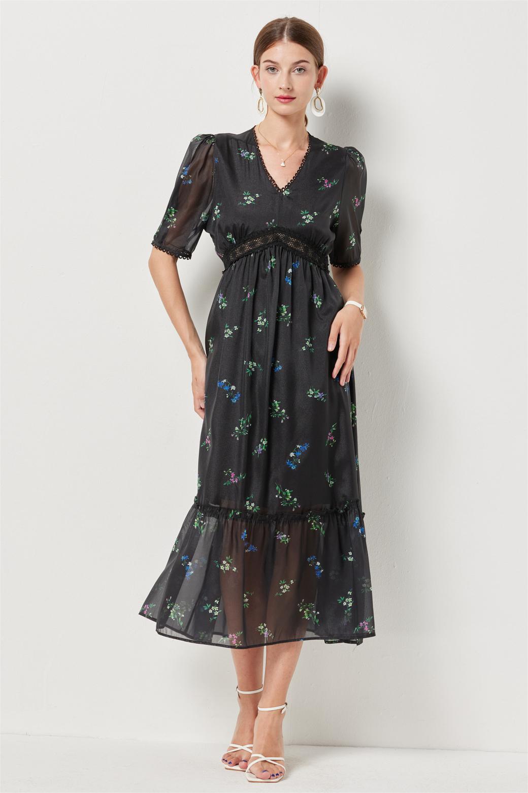 Floral Lace Puff Sleeve Midi Dress