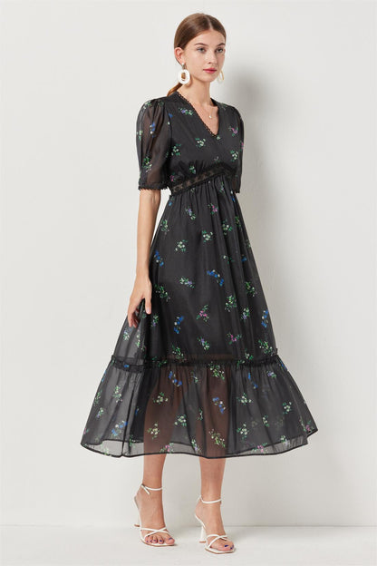 Floral Lace Puff Sleeve Midi Dress