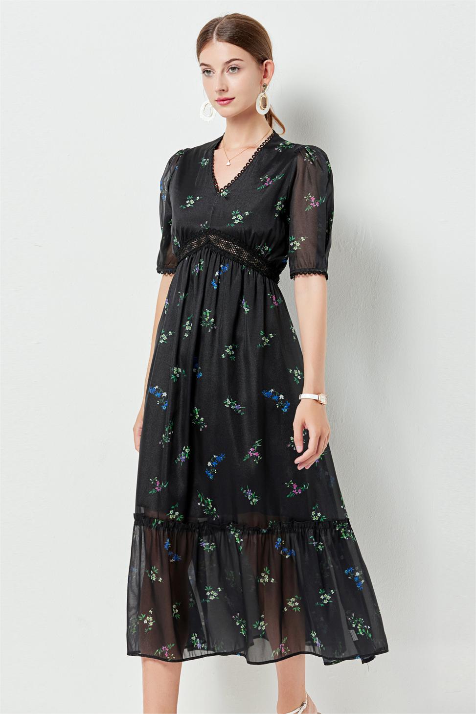 Floral Lace Puff Sleeve Midi Dress