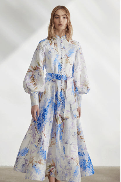 Floral Button Lantern Sleeve Midi Dress