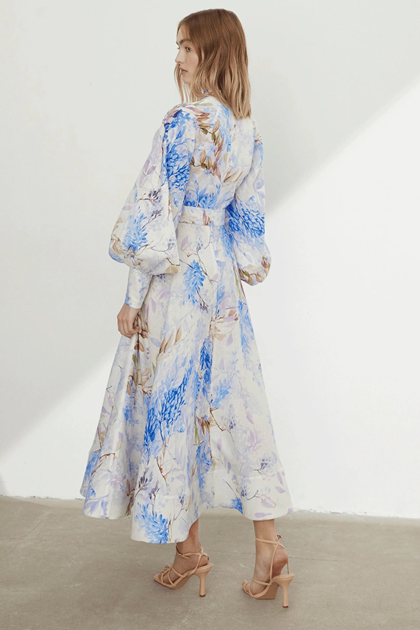 Floral Button Lantern Sleeve Midi Dress