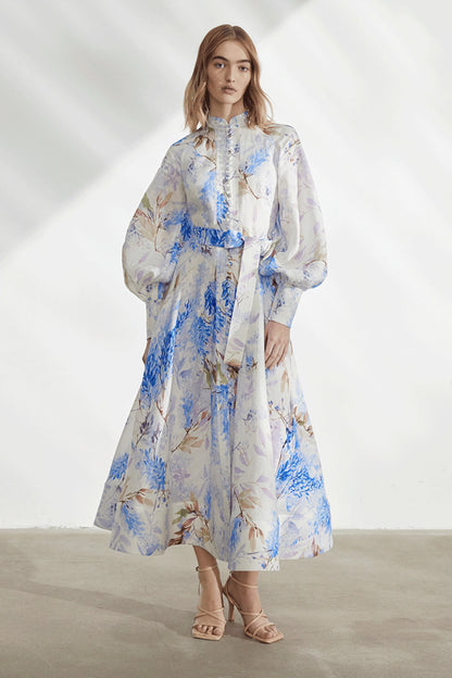 Floral Button Lantern Sleeve Midi Dress