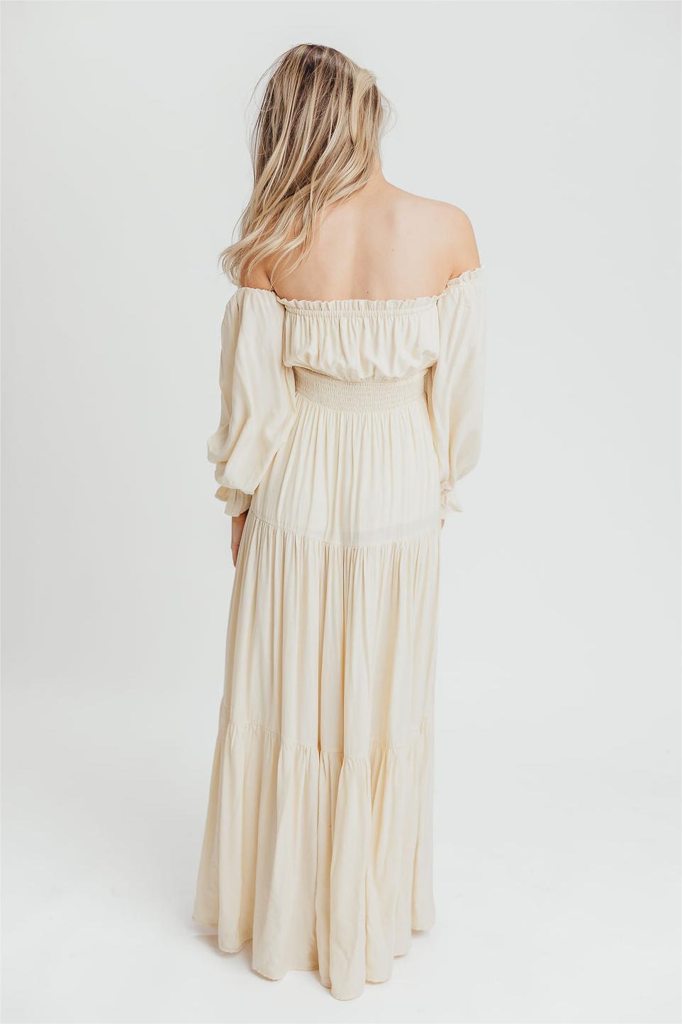 Off-Shoulder Smocking Long Sleeve Split Midi Dress