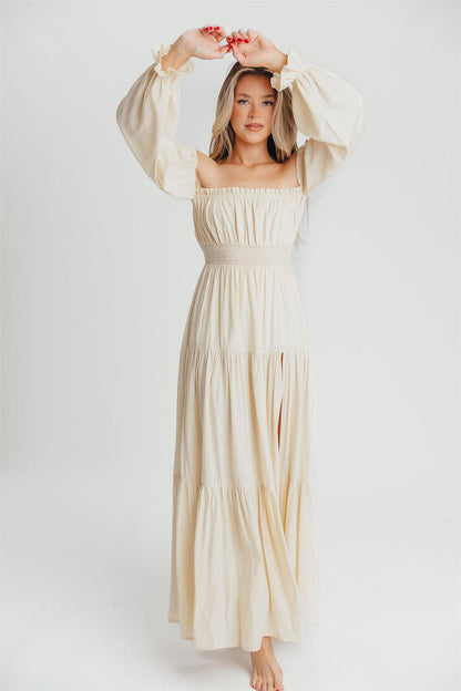Off-Shoulder Smocking Long Sleeve Split Midi Dress
