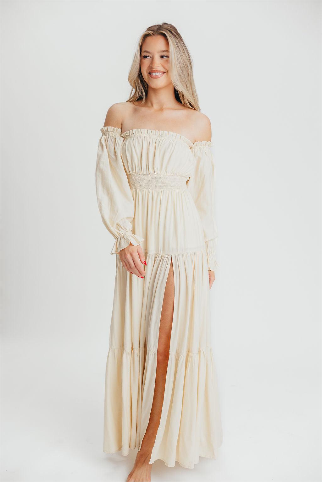 Off-Shoulder Smocking Long Sleeve Split Midi Dress
