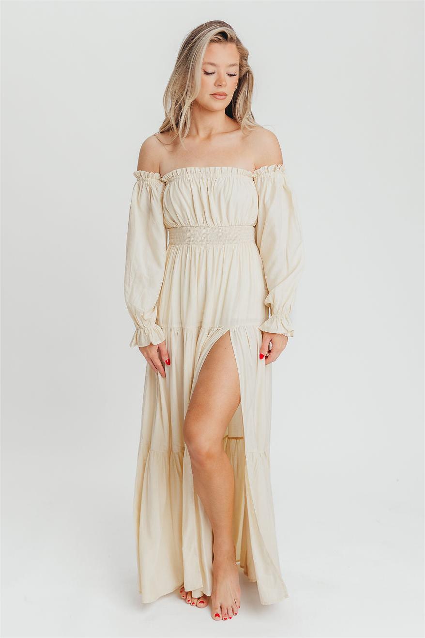 Off-Shoulder Smocking Long Sleeve Split Midi Dress