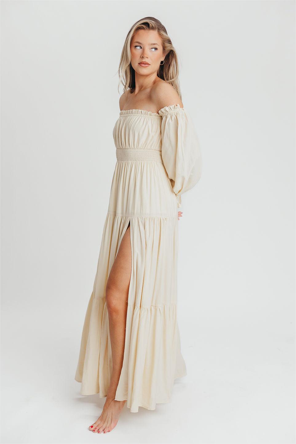 Off-Shoulder Smocking Long Sleeve Split Midi Dress