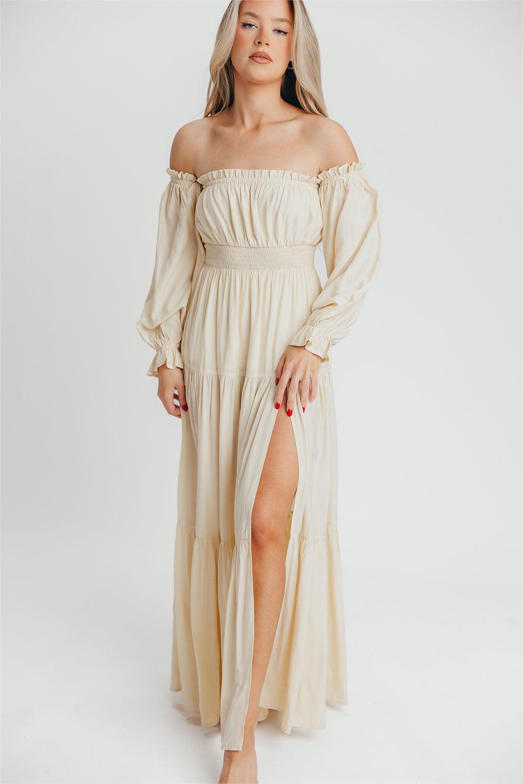 Off-Shoulder Smocking Long Sleeve Split Midi Dress