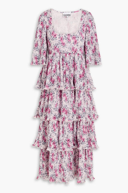Floral Mid Sleeve Square Collar Midi Dress