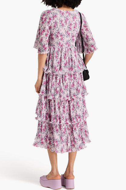 Floral Mid Sleeve Square Collar Midi Dress