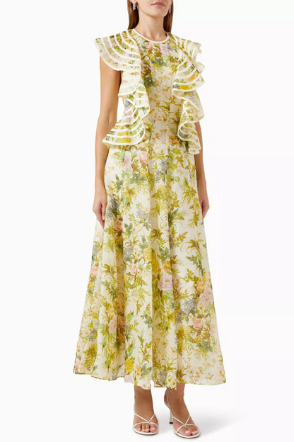 Floral Frill Round Neckline Maxi Dress