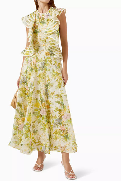 Floral Frill Round Neckline Maxi Dress